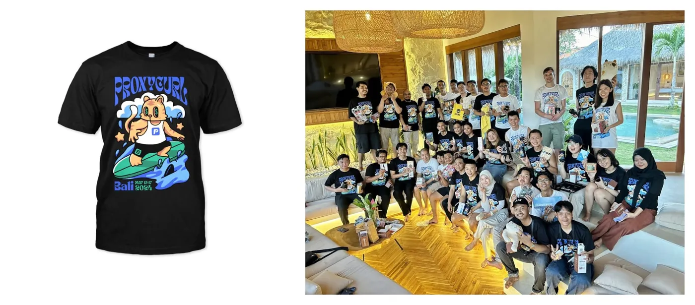 The Proxycurl team with Bali 2024 t-shirt in our yearly getaway to Bali