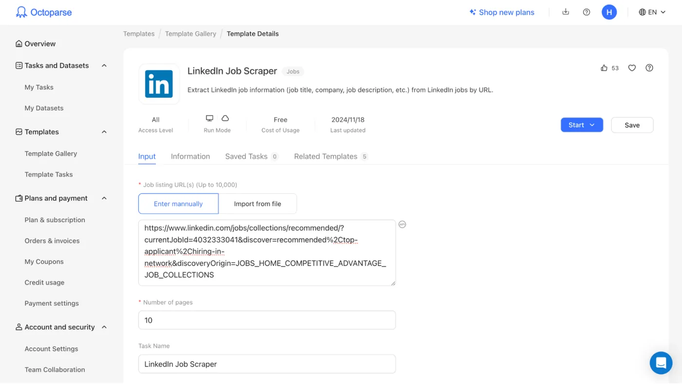 OctoParse's LinkedIn Job Scraper